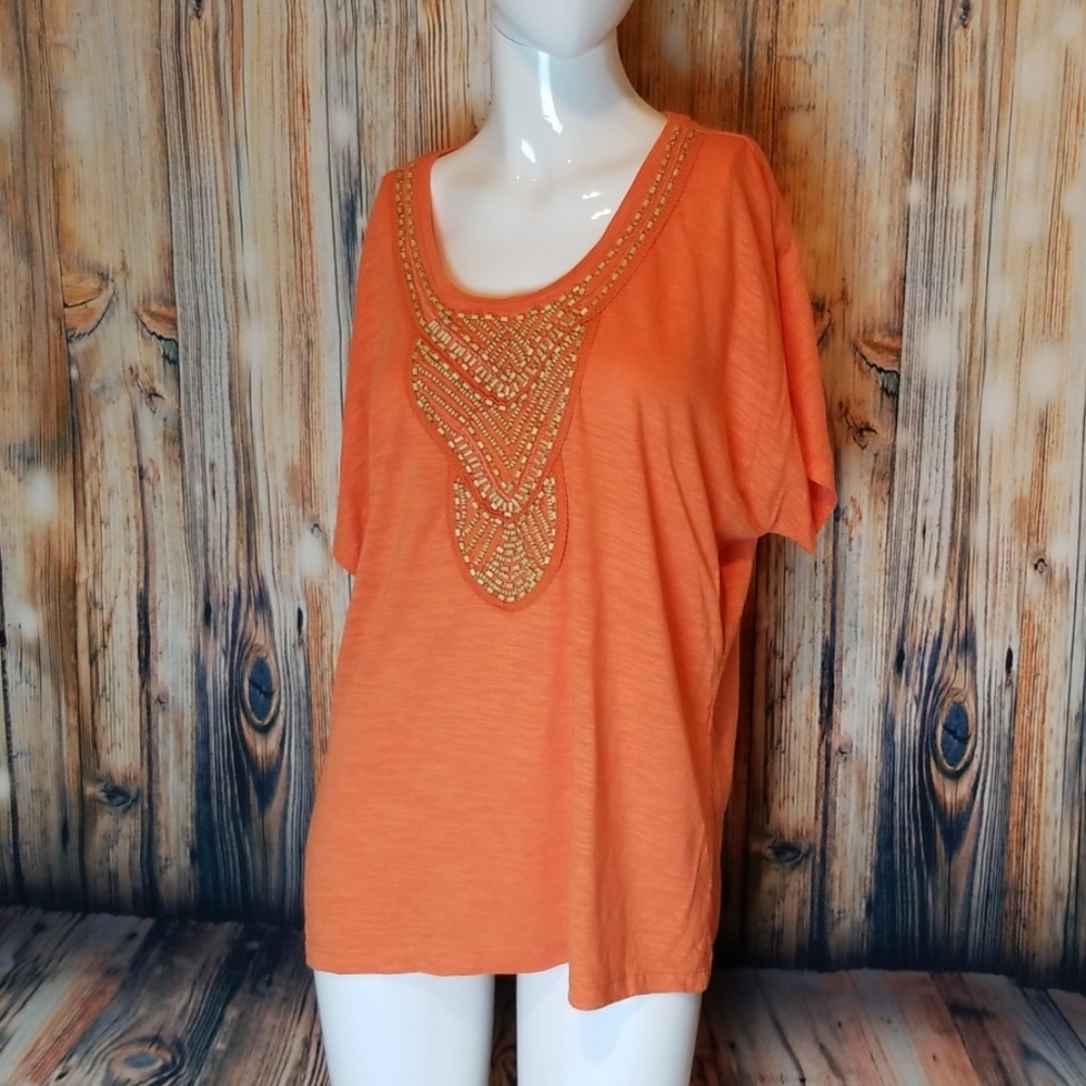 Chico's Orange Beaded Detail Short Sleeve Shirt